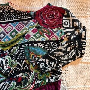 Desigual Maximalist Crew Neck Sweater Asymmetrical Hem Abstract Pattern